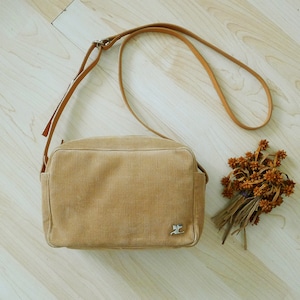 Vintage COURRÈGES Brown Corduroy crossbody bag, box shape bag,leather strap shoulder bag,Hippie,square Purse,silver logo at front,minimalist
