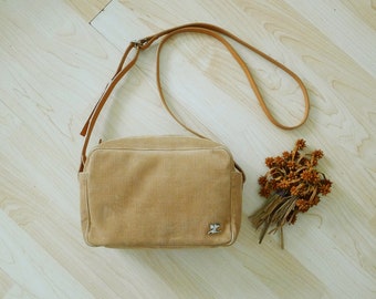 Vintage COURRÈGES Brown Corduroy crossbody bag, box shape bag,leather strap shoulder bag,Hippie,square Purse,silver logo at front,minimalist