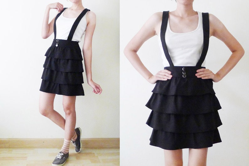ruffle layered pinafore indie XS-S romper,jumper,summer mini dress,High Waisted Suspenders CUTE 90s VTG black overall dress criss cross
