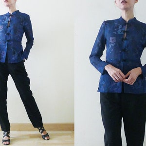 Good Cutting 70s Blue Cheongsam / QiPao Chinese top,semi sheer,long sleeve,mandarin collar shirt,Florals printed,exotic,oriental,Asian,Small image 6