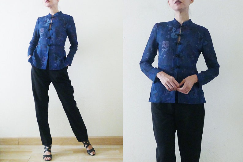 Good Cutting 70s Blue Cheongsam / QiPao Chinese top,semi sheer,long sleeve,mandarin collar shirt,Florals printed,exotic,oriental,Asian,Small image 6