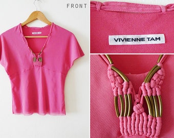 90s Vivienne Tam Pink Macremè Mesh top, cap sleeve net tshirt, macreme and gold bar detail,fishnet,body con,stretchy, hippie,oriental, Small