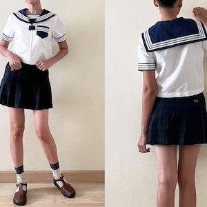 Vintage Japanese School Uniform Cosplay top, sailor collar, short sleeve, white and blue, sailor moon top,nautical,kitsch, costume,cute, S-M