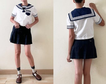 Vintage Japanese School Uniform Cosplay top, sailor collar, short sleeve, white and blue, sailor moon top,nautical,kitsch, costume,cute, S-M