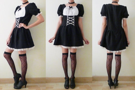 90s Black and White mini dress, doll sleeves,goth… - image 4