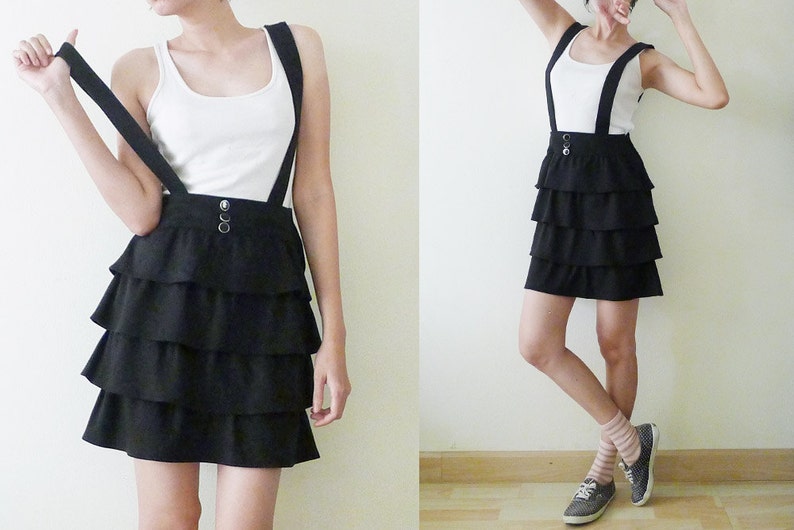 ruffle layered pinafore indie XS-S romper,jumper,summer mini dress,High Waisted Suspenders CUTE 90s VTG black overall dress criss cross