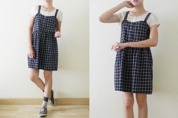VTG Navy and White PLAID overall mini dress, Ging… - image 2
