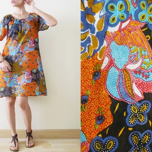 90s colorful Ethnic Indian Style Gauze cotton short sleeve sun dress, bow tie at neck,loose dress,Hippie,bohemian print,summer,hawaiian, S-M