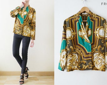 80s Japanese green brown and gold baroque style blouse,double breasted shirt,Versace Style,scarf print,gold chains print,button up, M-L