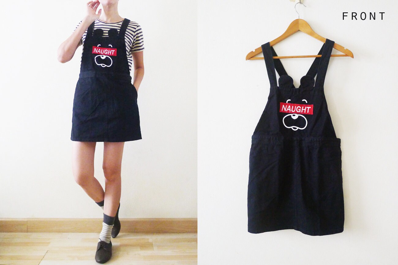 90s Black Naughty Dog Denim Cotton overall mini dress with cute ears design, pocket pinafore, dungarees, suspenders ,bib dress ,jumper, S-M