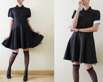 90s Black mini dress with collar, puff sleeves, lolita, cosplay,harajuku, maid costume, Steampunk, Wednesday Addams,net tutu layered, Medium