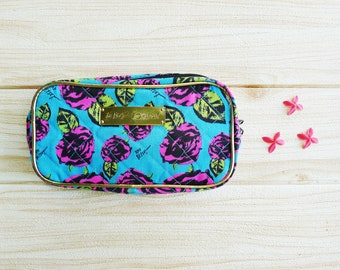 90s BETSEY JOHNSON Makeup bag, Blue Gold Pink Roses in Pop Art style Print,Cosmetic zipper purse,Organizer,toiletry travel case,grunge, punk