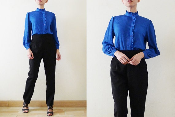 1970s Hanae Mori cobalt blue ruffle top, stand co… - image 5