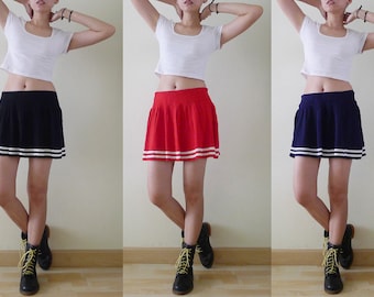 sporty micro mini skater pleated knit skirt,elastic waist,black // navy // red with white stripes at hemline,stretchy,athletic,raver, XS-S-M