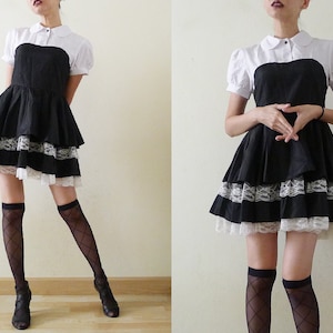 90s Black micro mini dress with white lace layered,white peter pan collar,lolita,cosplay,costume,Steampunk,Wednesday Addams, Small
