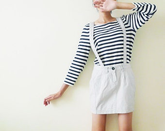 CUTE 80s light gray micro mini overall dress, pinafore, romper, jumper, summer, High Waisted Suspenders, criss cross ,pocket, indie, Small
