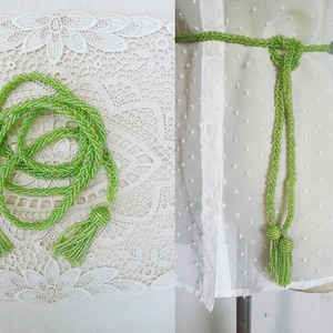 Vintage Handmade Beaded Braided Rope Style with Tassel Ends Belt // Statement Necklace,iridescent green beaded belt,slinky belt,gift for her