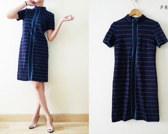 Japanese Vintage Twiggy 60s Super high neck dark navy and blue Vertical stripe short sleeve mini knit dress,knee dress,back zipper,retro,S-M