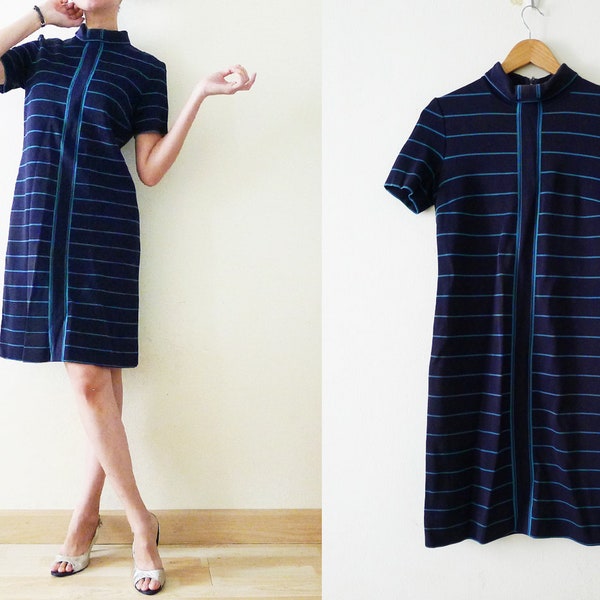 Japanese Vintage Twiggy 60s Super high neck dark navy and blue Vertical stripe short sleeve mini knit dress,knee dress,back zipper,retro,S-M