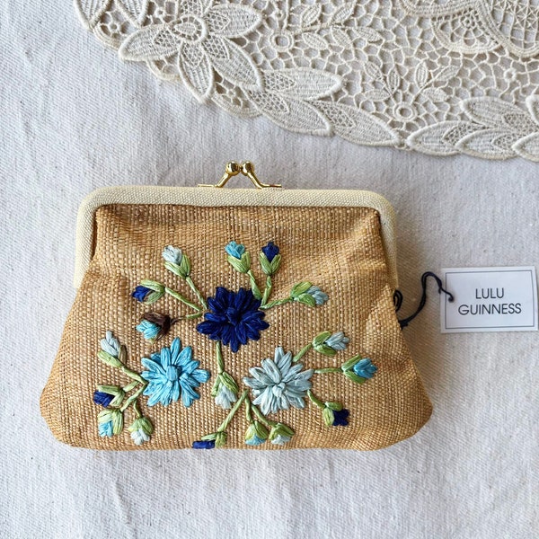 Vintage Deadstock LULU GUINNESS Woven Straw mini bag, florals embroidery at front, kiss lock coin purse, Organizer, jewelry bag, hippie, NWT