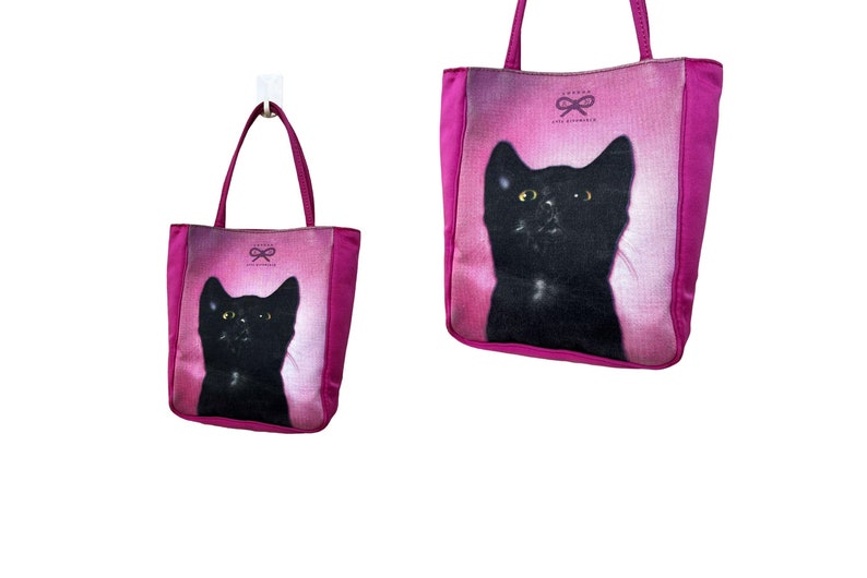90s ANYA HINDMARCH London Black Cat Kitsch Printed mini handbag, Small size Vintage Kitten Photo handbag, Designer bag, logo at front image 2