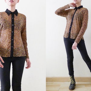 Jaren 90 Leopard Fishnet Mesh-top, shirt met netkraag, safaritop met dierenprint, wilde kat, tijger, cheetah, jungle, pop, rave, grunge, stretchy, S-M-L afbeelding 3