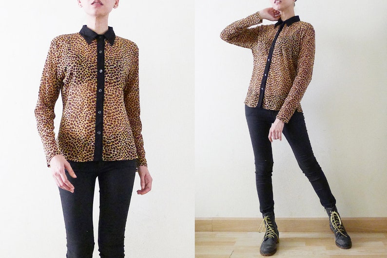 Jaren 90 Leopard Fishnet Mesh-top, shirt met netkraag, safaritop met dierenprint, wilde kat, tijger, cheetah, jungle, pop, rave, grunge, stretchy, S-M-L afbeelding 3