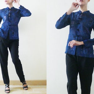 Good Cutting 70s Blue Cheongsam / QiPao Chinese top,semi sheer,long sleeve,mandarin collar shirt,Florals printed,exotic,oriental,Asian,Small image 2