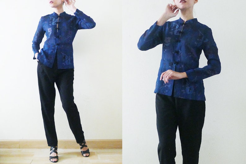 Good Cutting 70s Blue Cheongsam / QiPao Chinese top,semi sheer,long sleeve,mandarin collar shirt,Florals printed,exotic,oriental,Asian,Small image 2