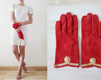 70s-80s Vintage Red Suede Gloves for Women,Embellishment with gold thread, fully Lined, Retro, evening, formal events,Costume, Cosplay, XS-S