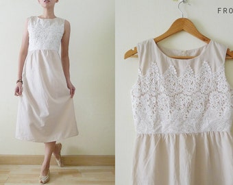 VTG neutral cotton midi dress with white lace details, wedding, Prairie,Hippie,Boho,Festival,Party,sun dress,summer,beach,doily dress, Small