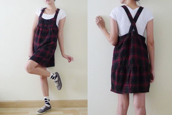 90s Black and Red TARTAN Overall Mini Dress Dungarees Romper Plaid Pinafore criss Cross at Back Kawaii Punk Grunge Cute lolita S M Etsy Canada