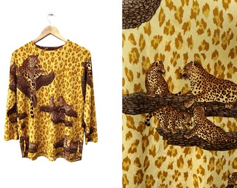 80s gold LEOPARD printed blouse, scarf printed top, baroque, 3/4 sleeve shirt, Versace Style, bow at both side, stretchy, slouchy, 3XL - 4XL