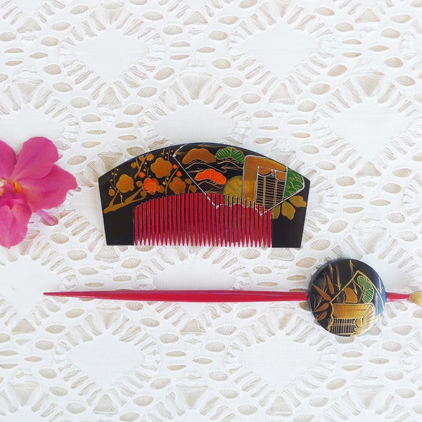 Japanese Vintage set of Kanzashi Hair Stick and Kushi (comb) Florals Design Embossed Gold Lacquer, Gift,Hair Ornaments,accessories, oriental