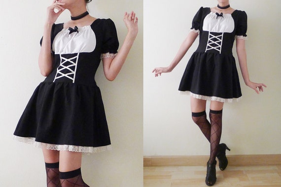 90s Black and White mini dress, doll sleeves,goth… - image 1