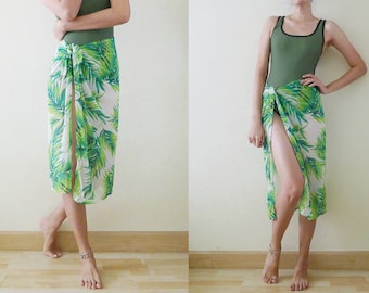 90s Hipster Green Palm Leaf printed swimsuit cover up,net sheer beach wrap sarong skirt, Pool wear,Pareo, beach cover up, jungle, Size Small