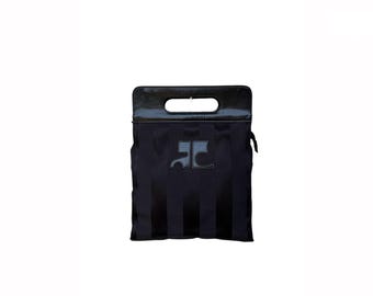 80s COURRÈGES Paris Black Striped Nylon Handbag: Leather Handle, Mod, Logo Designer Bag