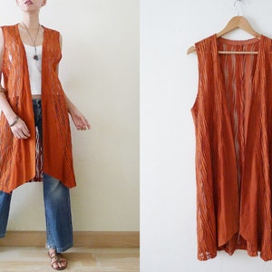 70s Sheer Lace Orange Brick sleeveless midi open duster,graphic pattern, long cardigan, see through robe,cover up,festival,grunge, Free Size
