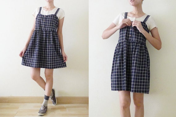 VTG Navy and White PLAID overall mini dress, Ging… - image 6
