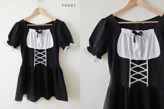 90s Black and White mini dress, doll sleeves,goth… - image 5