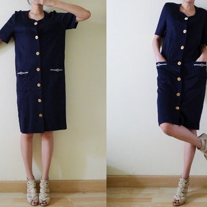 vintage navy blue cotton jersey dress, short sleeve,midi,gold front button up knee dress,nautical embroidery at pockets,made in Italy, M-L image 2