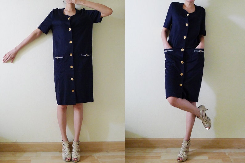 vintage navy blue cotton jersey dress, short sleeve,midi,gold front button up knee dress,nautical embroidery at pockets,made in Italy, M-L image 2