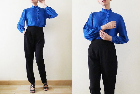 1970s Hanae Mori cobalt blue ruffle top, stand co… - image 6