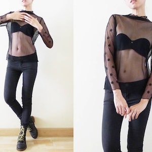 90s black net with embroidery Daisy sleeves mesh top,see through tshirt,sheer,fishnet,punk,goth,streetwear,grunge,cyber,steampunk,raver, S-M