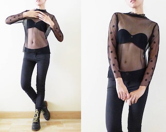 90s black net with embroidery Daisy sleeves mesh top,see through tshirt,sheer,fishnet,punk,goth,streetwear,grunge,cyber,steampunk,raver, S-M