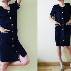 vintage navy blue cotton jersey dress, short sleeve,midi,gold front button up knee dress,nautical embroidery at pockets,made in Italy, M-L image 1