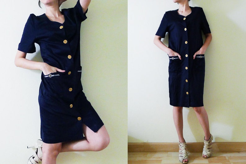 vintage navy blue cotton jersey dress, short sleeve,midi,gold front button up knee dress,nautical embroidery at pockets,made in Italy, M-L image 1