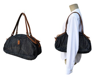 Cute 90s Y’saccs Yohji Yamamoto Dark navy Denim and Leather handbag // shoulder bag , top handle, unisex, Japanese Designer,Y2K, avant garde