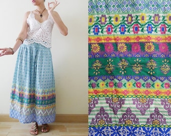 90s Colorful Indian Style Gauze cotton maxi skirt,graphic flowers prints,tie waist,hippie,gypsy,festival,bohemian,summer,tropical, free size