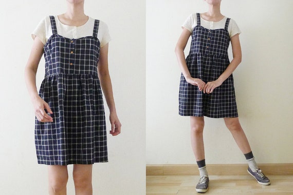 VTG Navy and White PLAID overall mini dress, Ging… - image 4